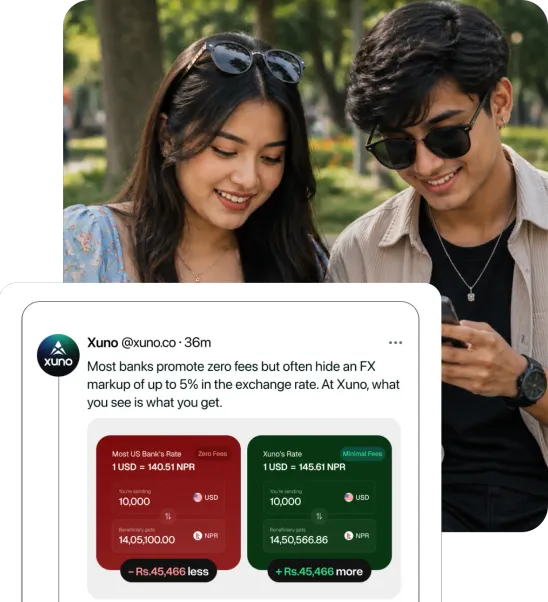 Two Xuno customers looking at a phone with a Xuno social post preview