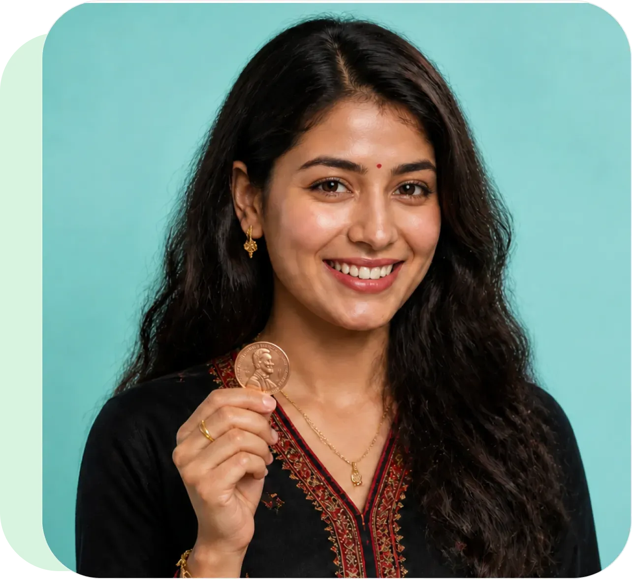 A Nepali woman holding a coin, representing USD fixed deposit options for non-resident Nepalis
