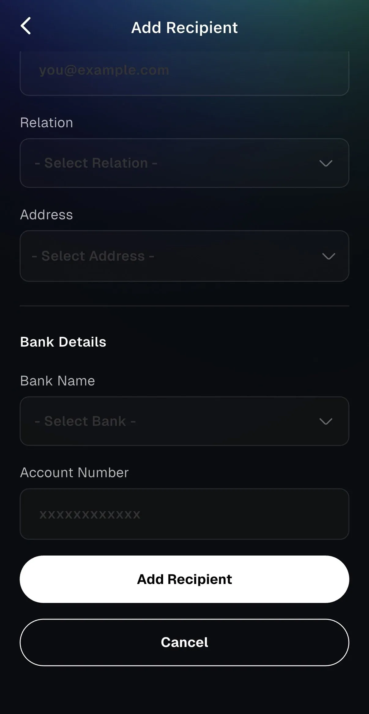 Add recipient finance company details screen with the finance company name dropdown and account number field
